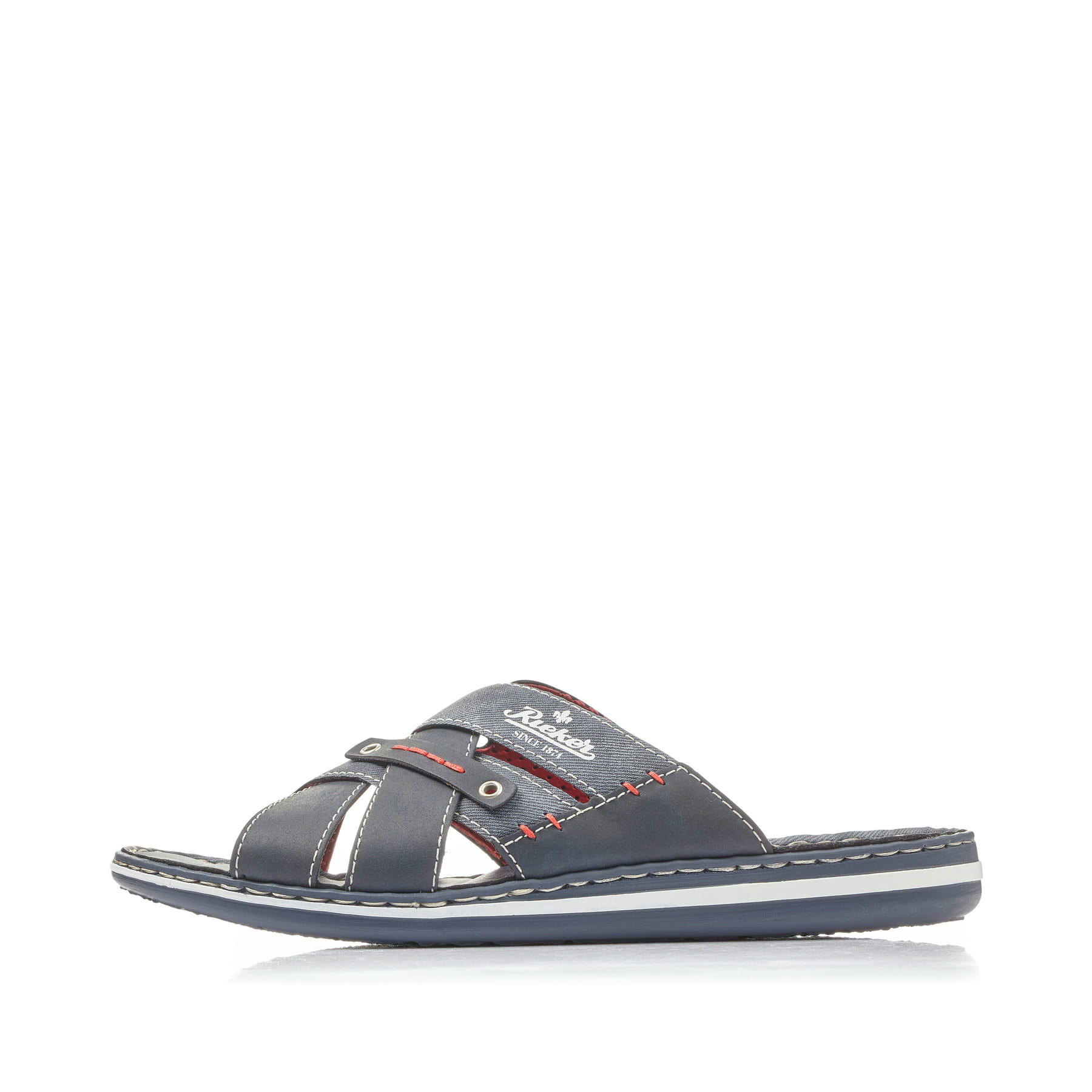 Blaue Rieker Herren Pantoletten 21099-15 mit der Komfortweite G. Schuh Außenseite.