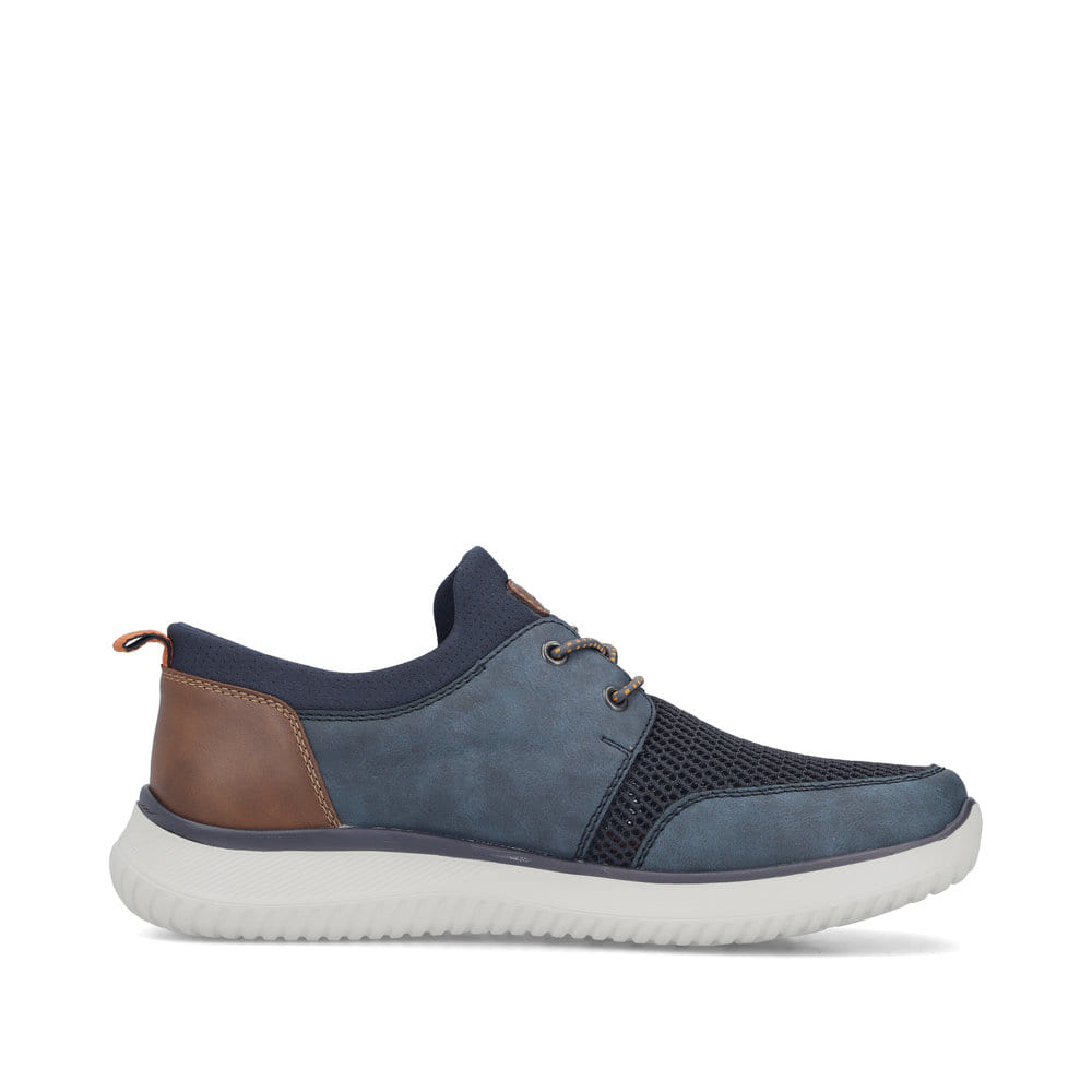Blaue Rieker Herren Slipper B9643-14 mit einem Gummizug sowie der Komfortweite G. Schuh Innenseite.