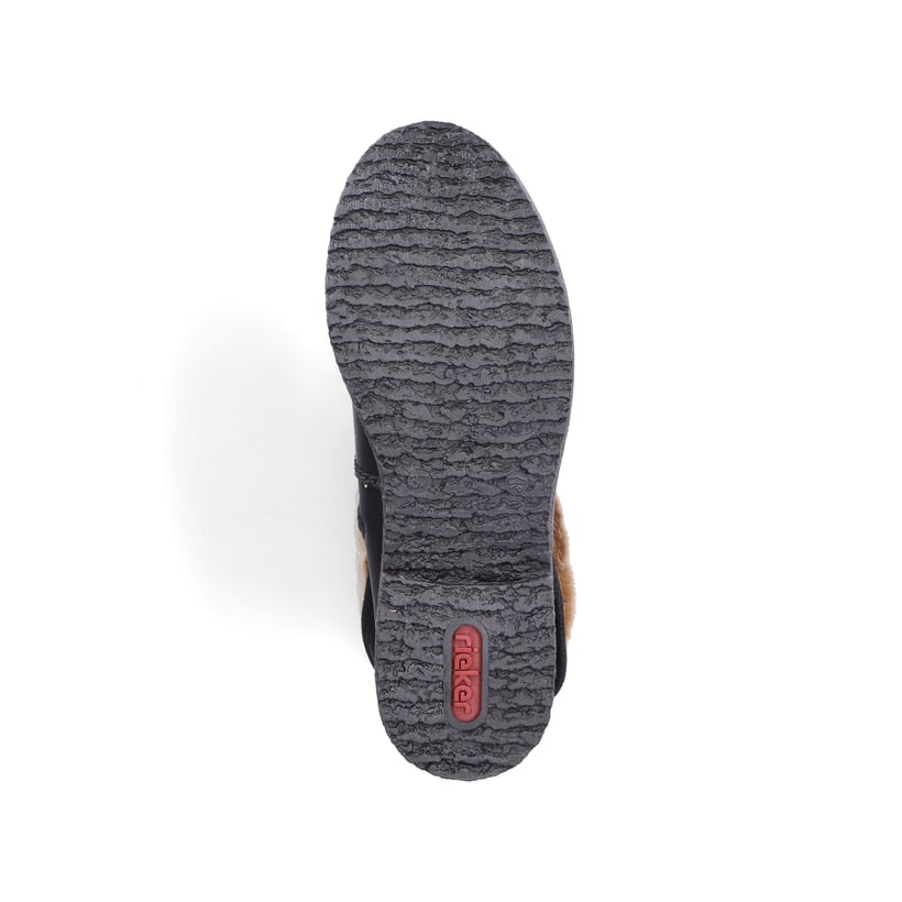 Schwarze Rieker Damen Hochschaftstiefel Z5054-00 mit flauschigem Schaftrand. Schuh Laufsohle.