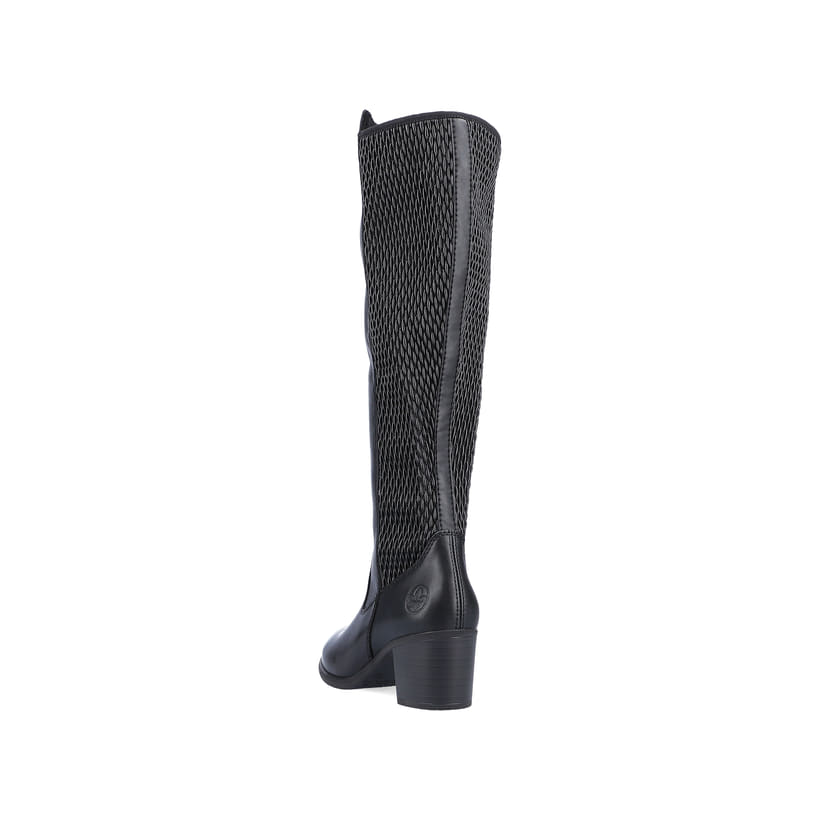 Schwarze Rieker Damen Hochschaftstiefel Y2050-00 aus Glattleder. Schuh von hinten.
