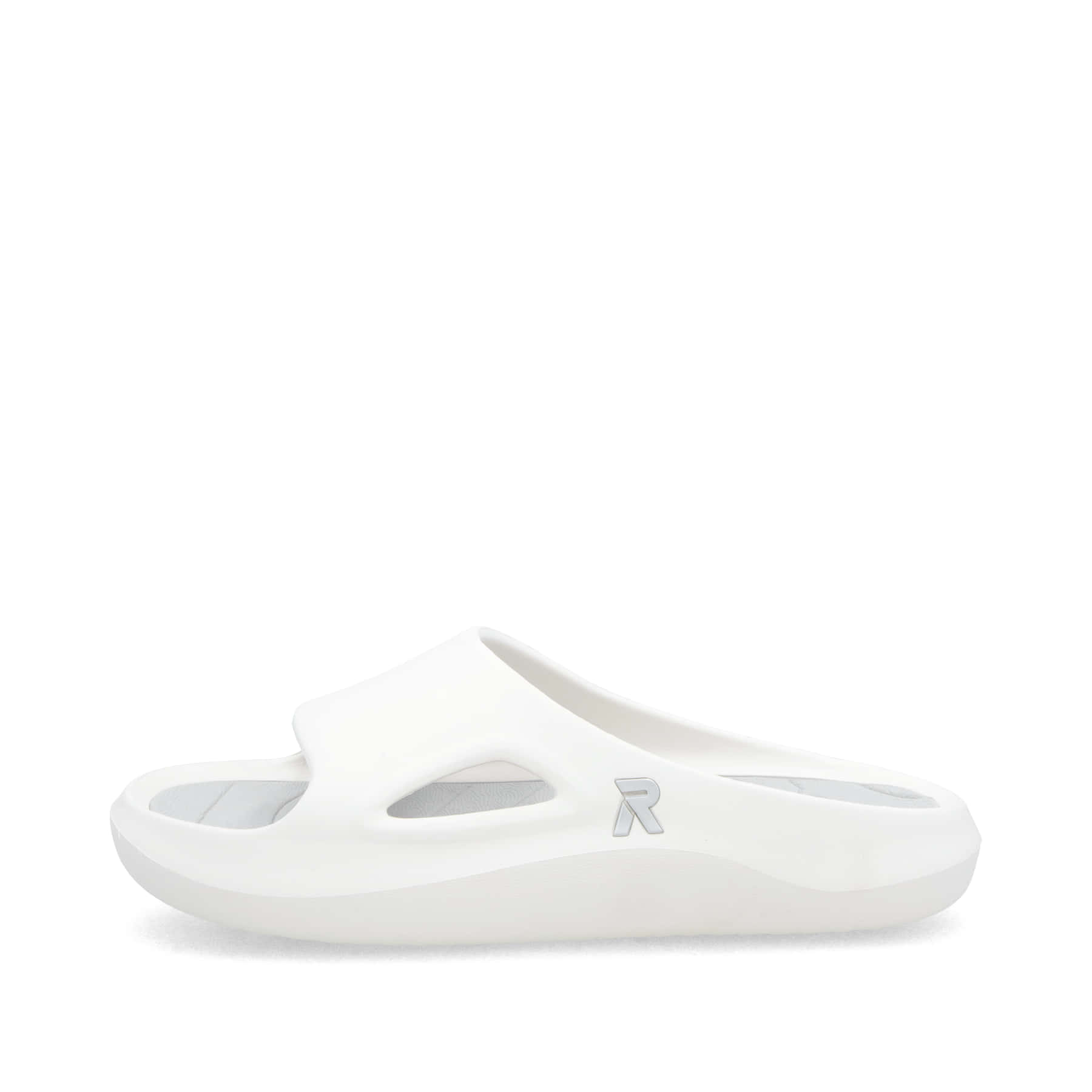 Weiße Rieker Damen Pantoletten W3450-80 mit ultraleichter und flexibler Sohle. Schuh Außenseite.