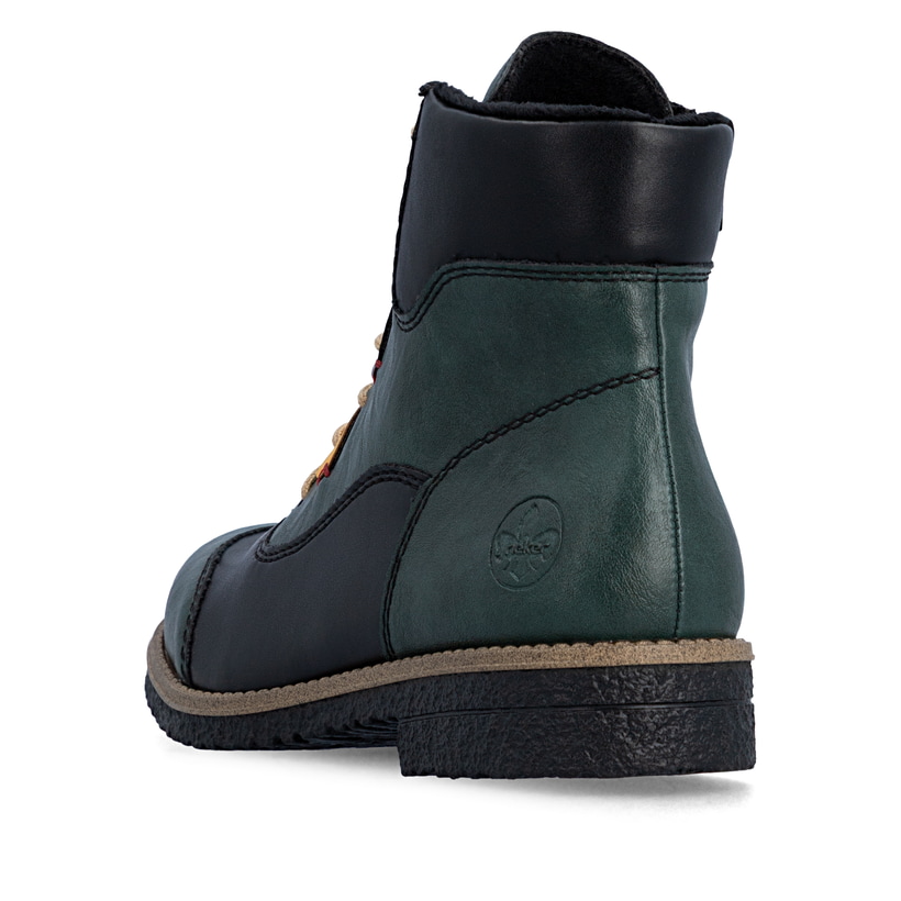 Blau-schwarze Rieker Damen Schnürstiefel 73510-90 mit farbenfrohen Details. Schuh von hinten.