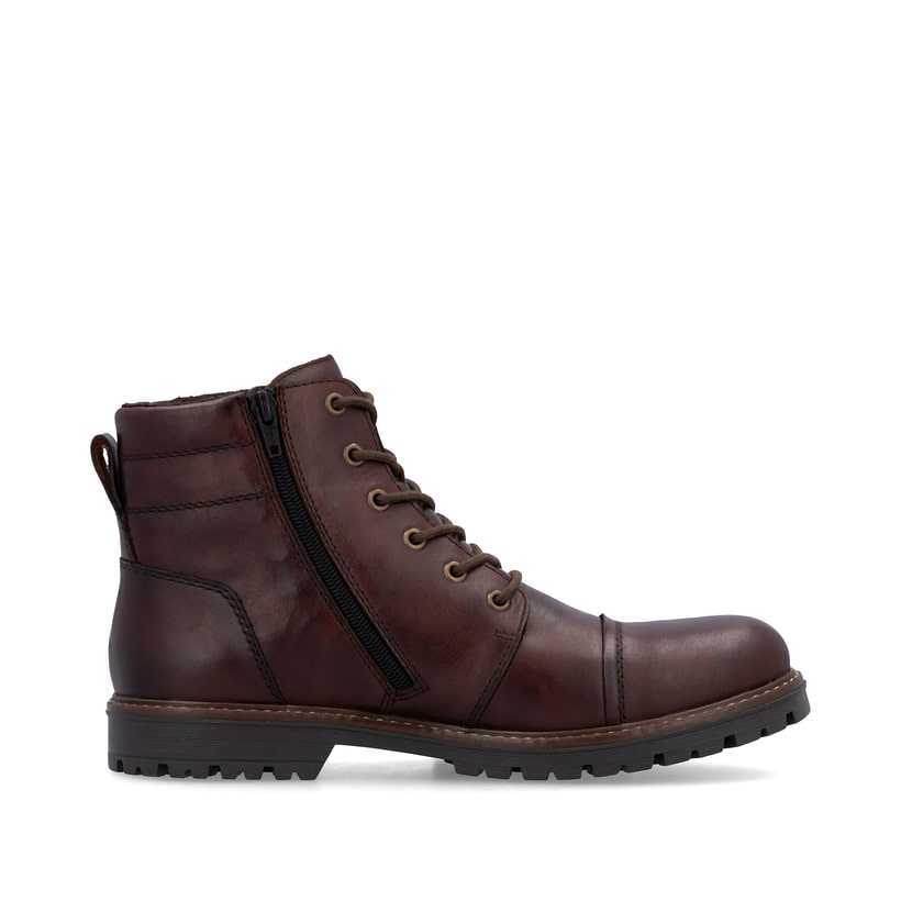 Nussbraune Rieker Herren Schnürstiefel F3604-25 mit einer robusten Profilsohle. Schuh von hinten