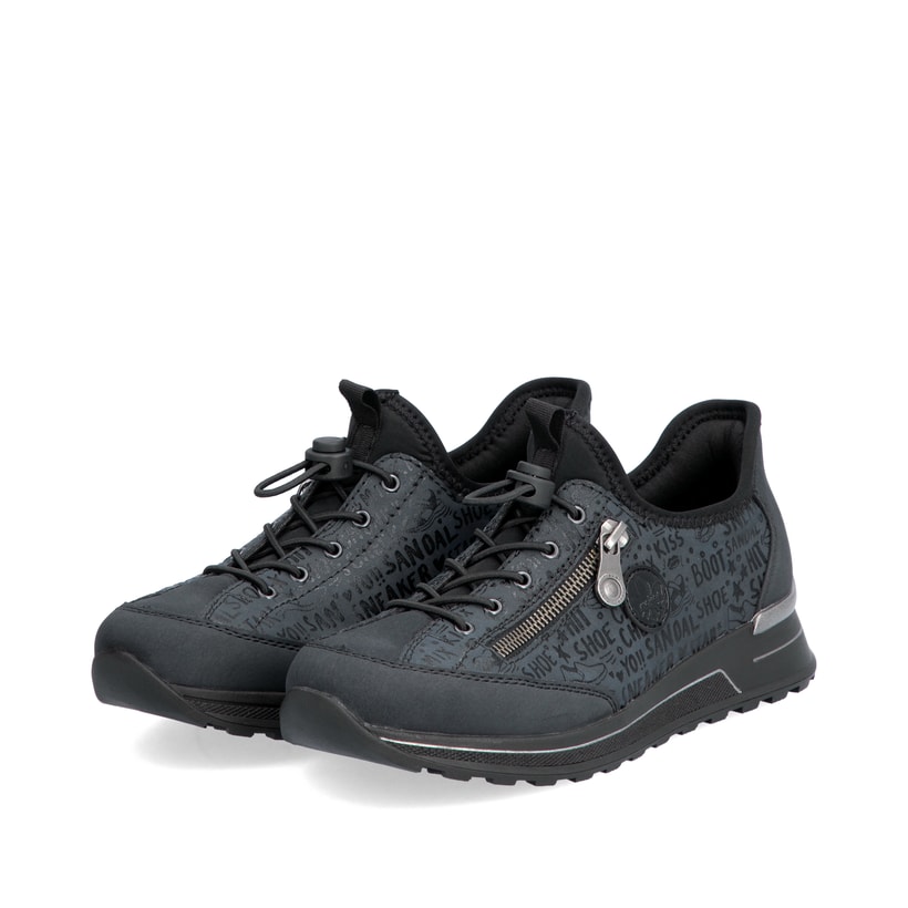 Petrolfarbene Rieker Damen Slipper N1455-14 mit easy Hineinschlüpf-Möglichkeit. Schuhpaar seitlich schräg.