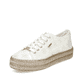 Schwanenweiße Rieker Damen Schnürschuhe 94005-80 mit goldenen Ösen. Schuh seitlich schräg.