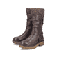 Dunkelbraune Rieker Damen Hochschaftstiefel 92984-25 mit modischer Faltenoptik. Schuhpaar seitlich schräg.