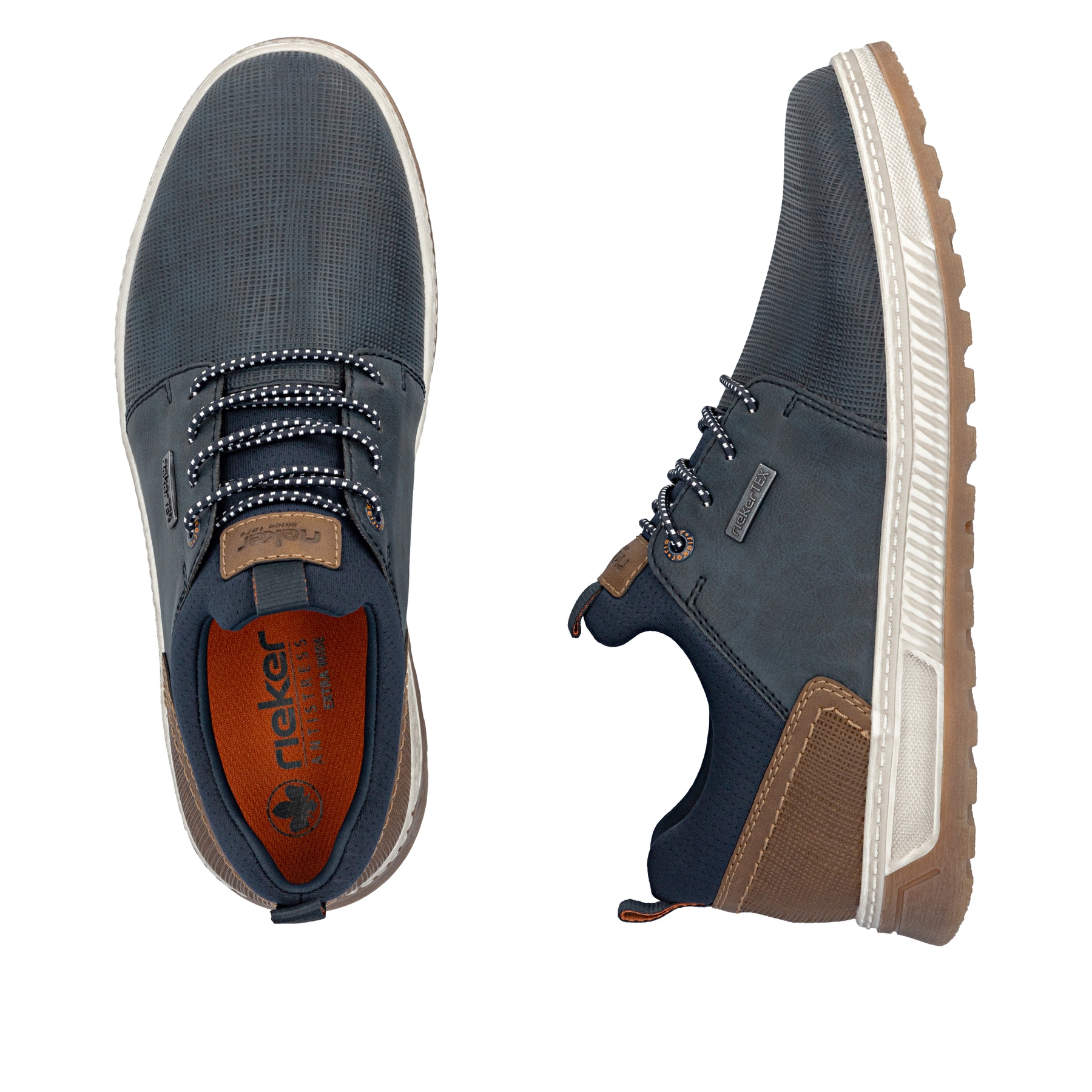 Mocassins Rieker bleus hommes 37050-15 avec membrane RiekerTEX hydrofuge. Chaussure vue de dessus, couchée.