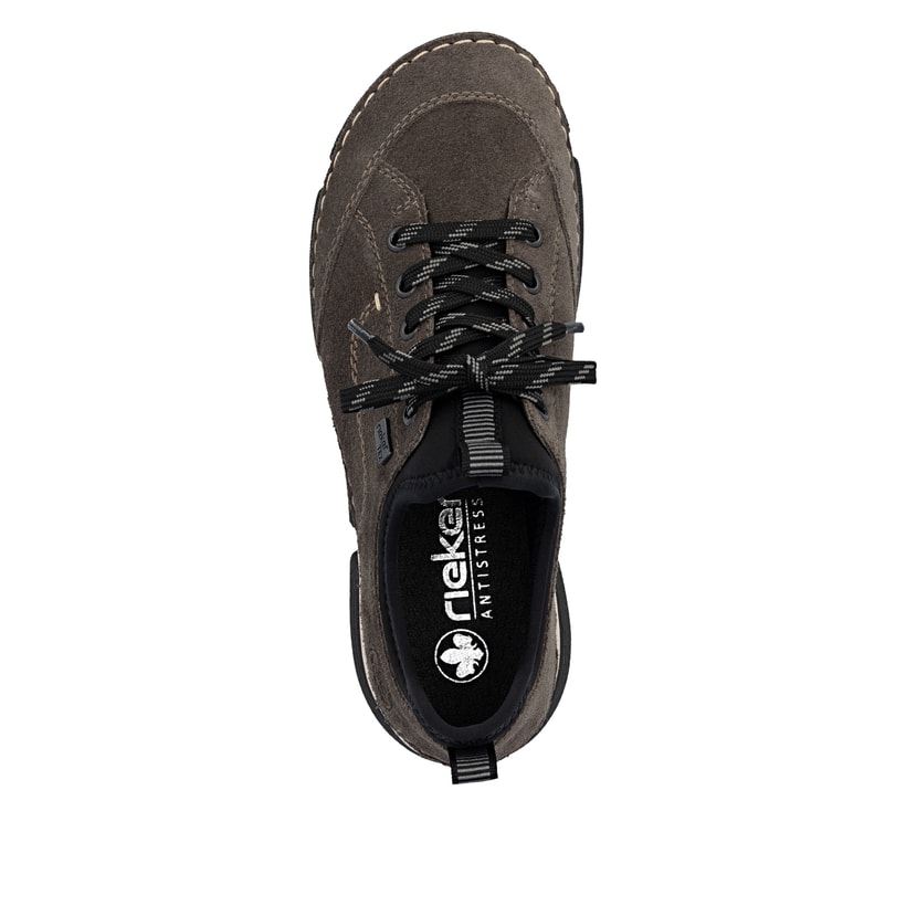 Dunkelgraue Rieker Damen Slipper 45976-45 aus Rauleder. Schuh von oben.