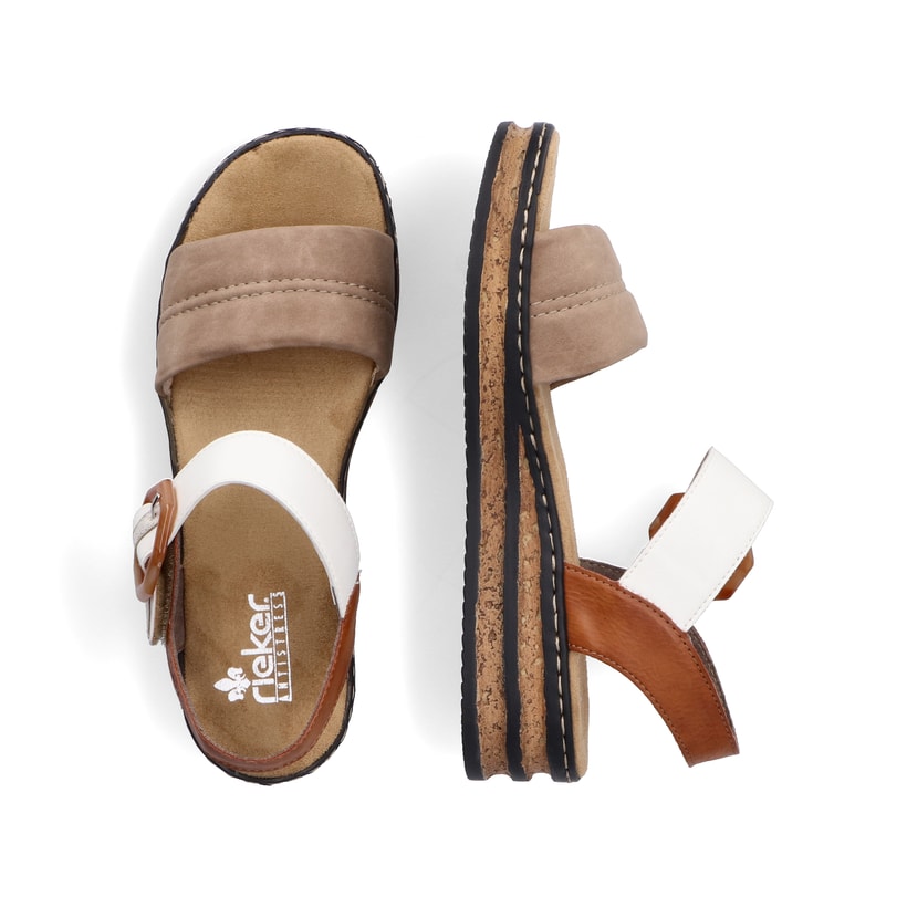 Beige Rieker Keilsandaletten 62964-90 mit einem Klettverschluss. Schuh von oben, liegend.