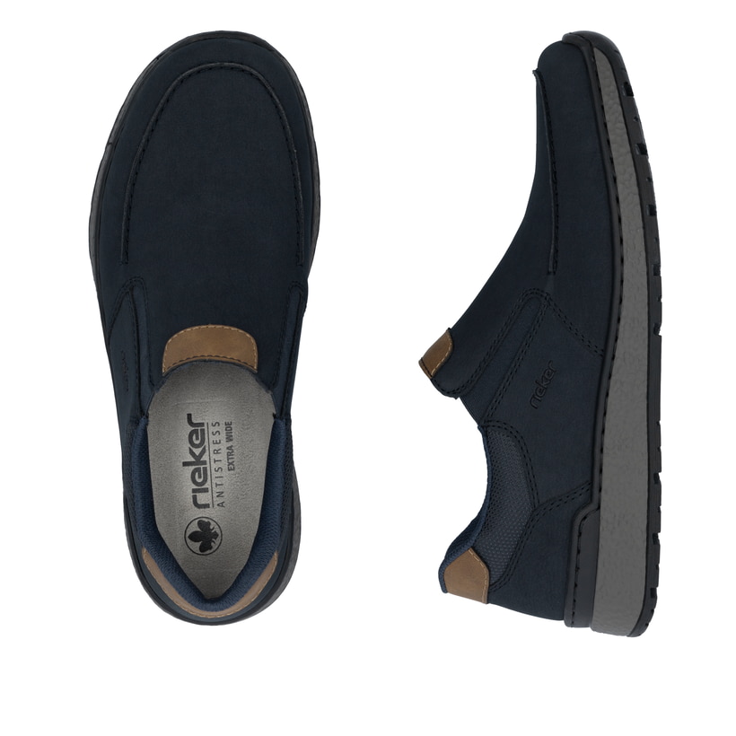 Dunkelblaue Rieker Herren Slipper B9062-15 mit einem Gummizug sowie Extraweite H. Schuh von oben, liegend.