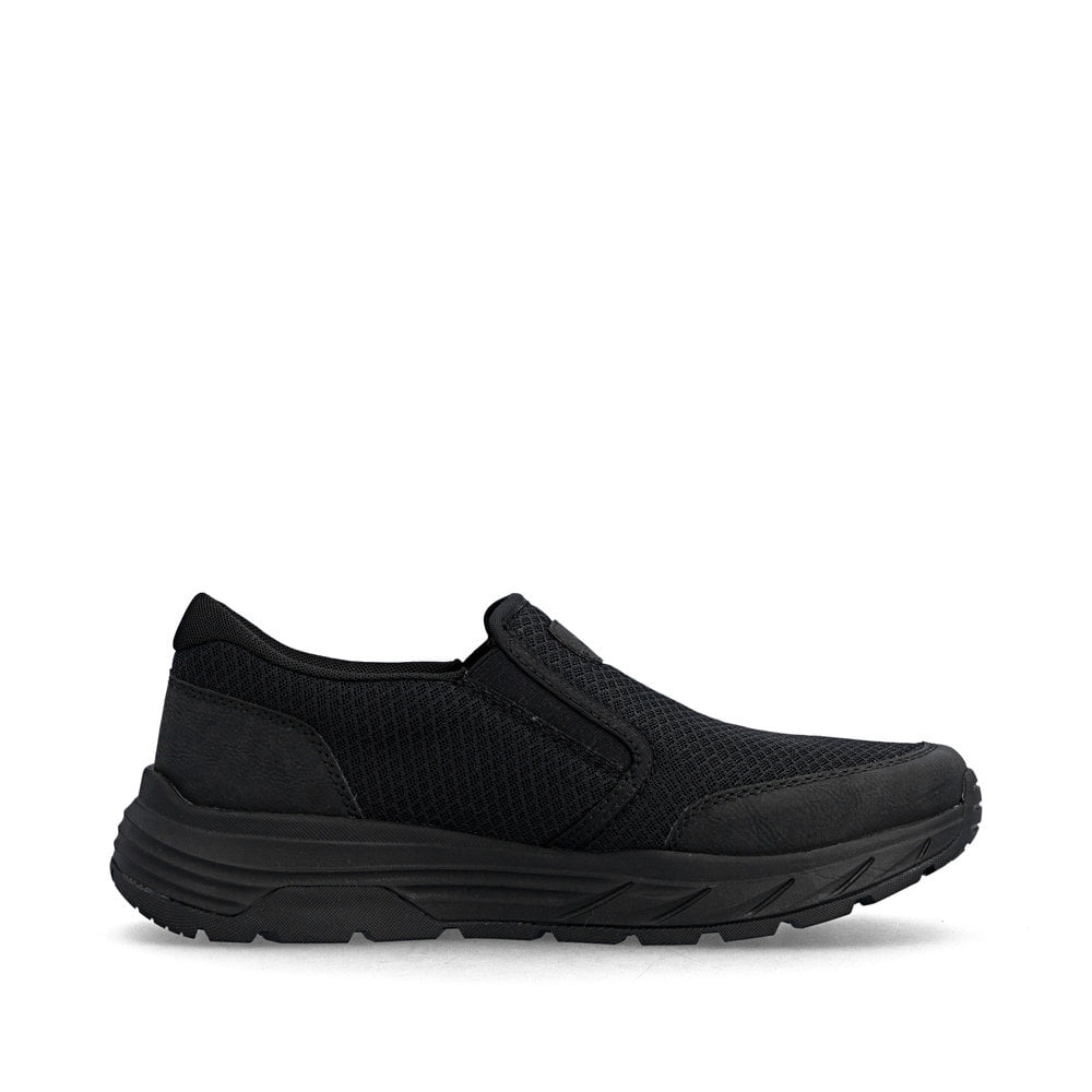 Schwarze Rieker Herren Slipper 06152-00 mit einem Gummizug sowie Gel-Fußbett. Schuh Innenseite.