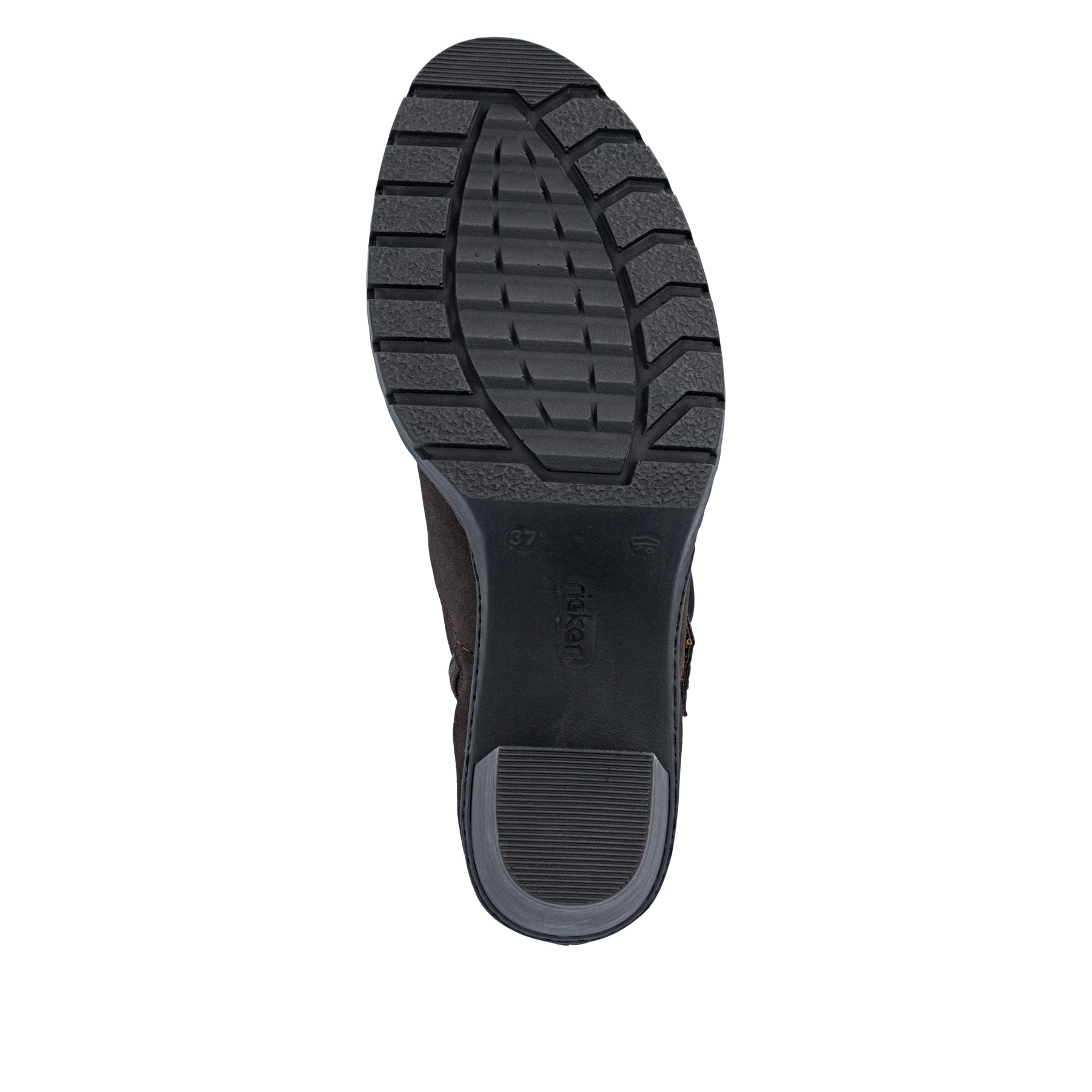 Dunkelbraune Rieker Damen Stiefeletten Y2586-25 mit einem Reißverschluss. Schuh Laufsohle.