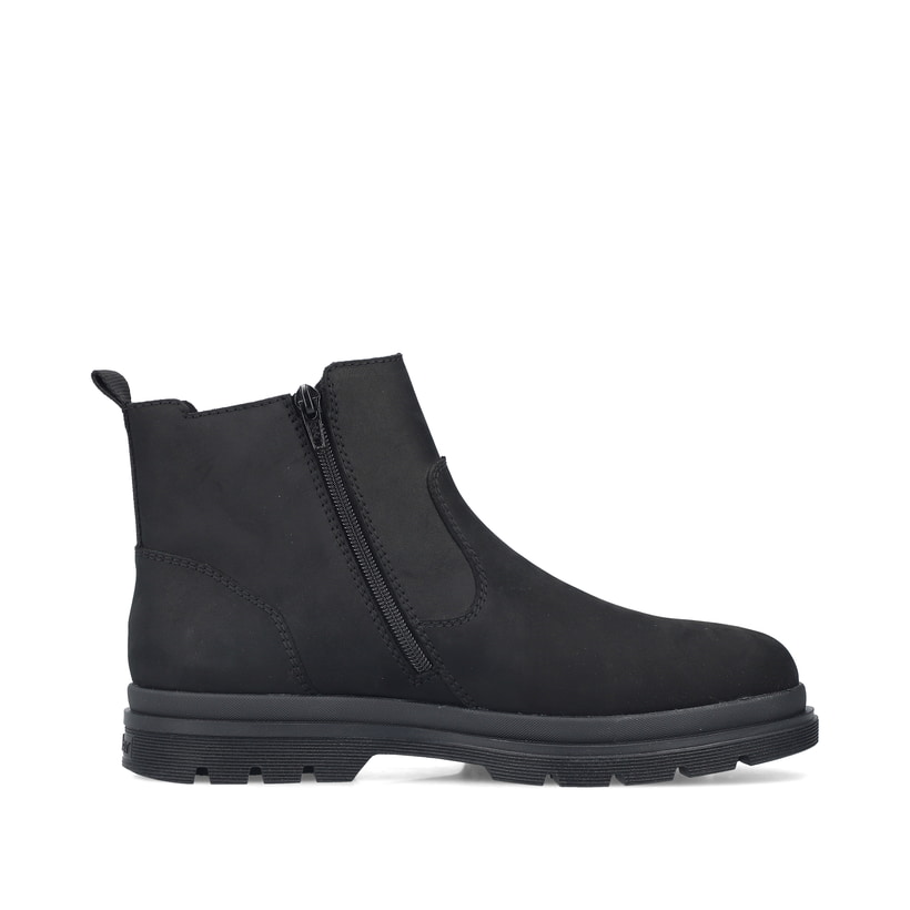 Chelsea Boots Rieker noires pour homme F7051-00 en cuir suédé. Chaussure vue de l'arrière.