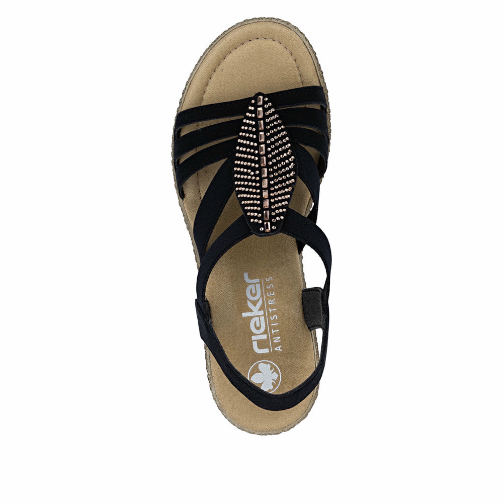 Schwarze Rieker Riemchensandaletten 66526-00 mit Strasssteinen sowie Gummizug. Schuh von oben.