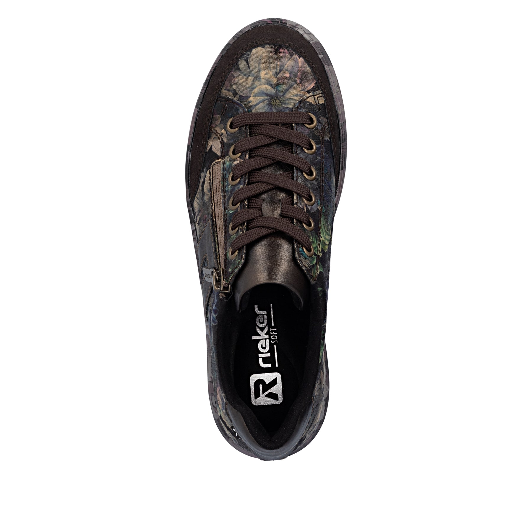 Dunkelbraun-schwarze Rieker Damen Sneaker Low M7711-26 mit floralem Aufdruck. Schuh von oben.
