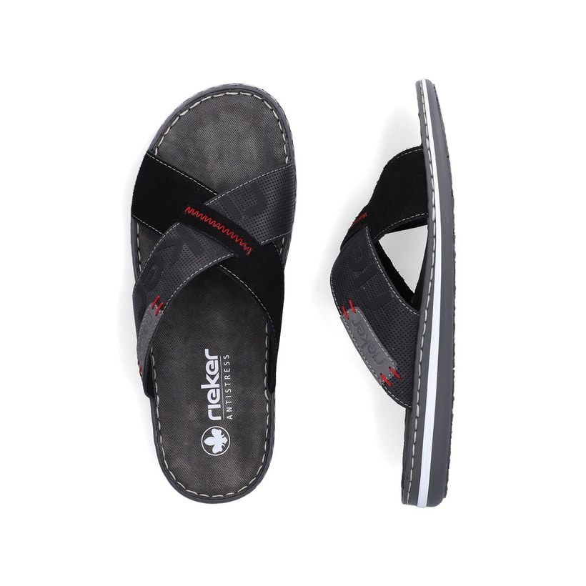 Schwarze Rieker Herren Pantoletten 21098-02 mit der Komfortweite G. Schuh von oben, liegend.
