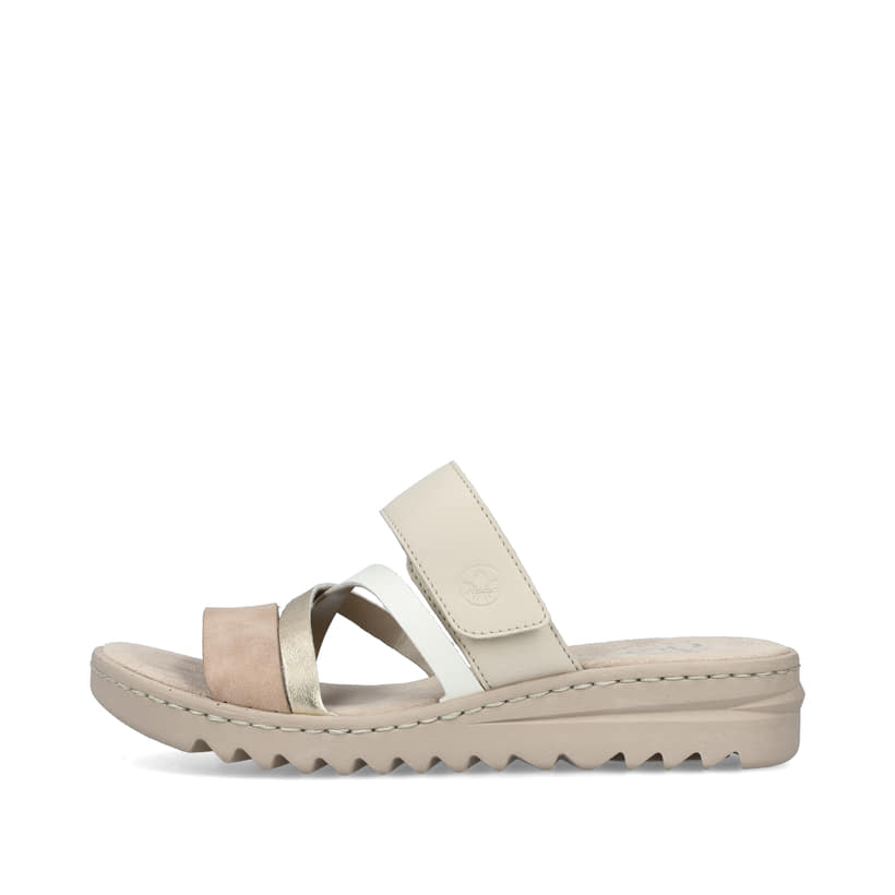 Champagnerfarbene Rieker Damen Pantoletten V4652-90 mit einem Klettverschluss. Schuh Außenseite.