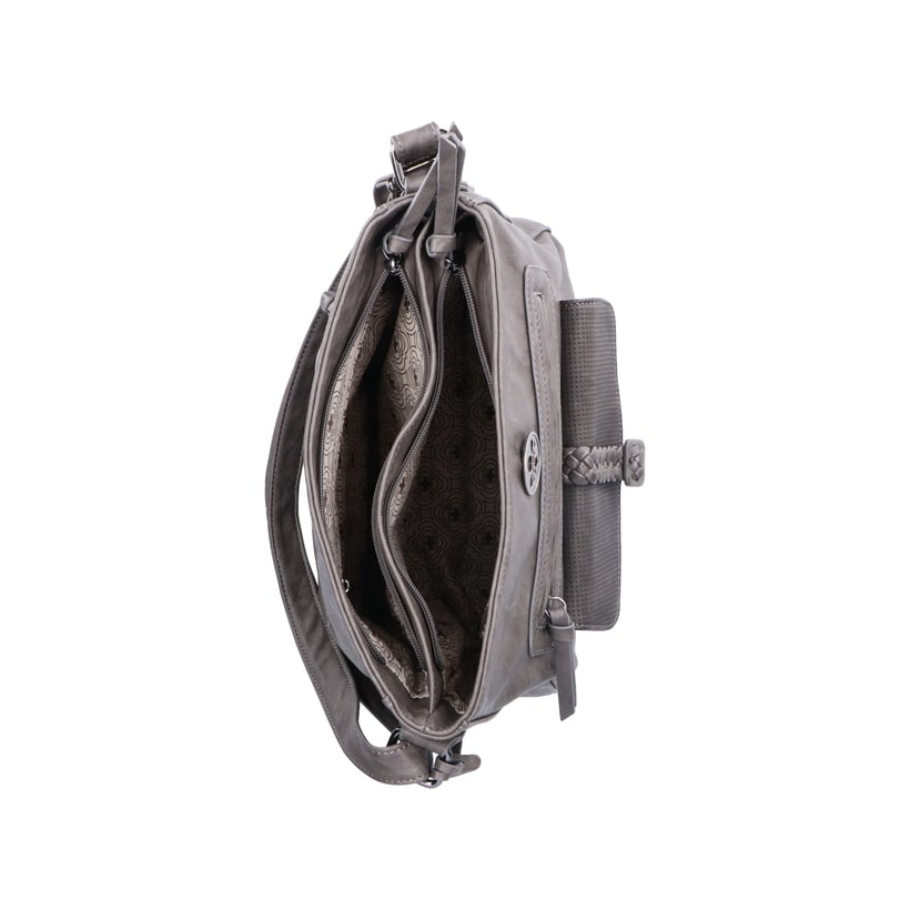 Sac à main Rieker H1340-42 en gris avec sangle décorative tressée, fermeture éclair et poche pour téléphone portable. Ouvert.