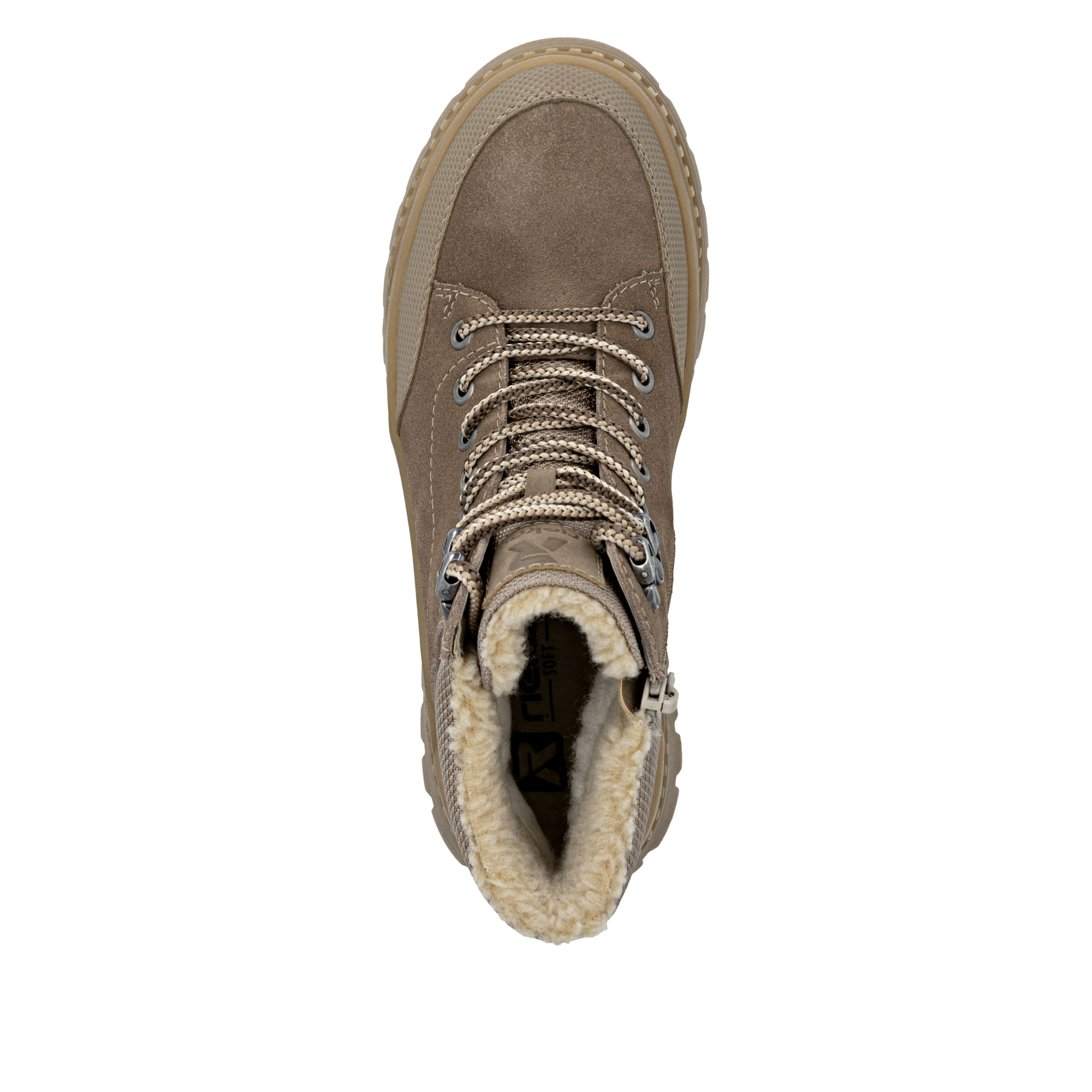 Bottes à lacets Rieker beiges pour femme W2176-64 avec semelle Fiber-Grip. Chaussure vue de dessus.