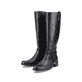 
Tiefschwarze Rieker Damen Hochschaftstiefel Z7361-00 mit einer robusten Profilsohle. Schuhpaar schräg.