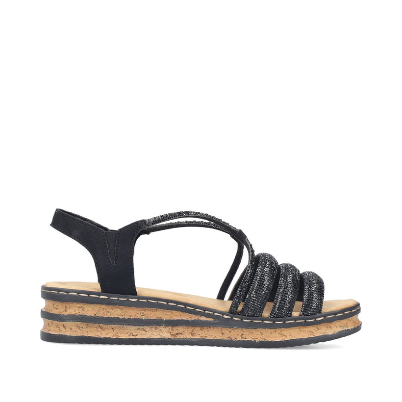 Schwarze Rieker Keilsandaletten 62977-00 mit Strasssteinen sowie einem Gummizug. Schuh Innenseite.