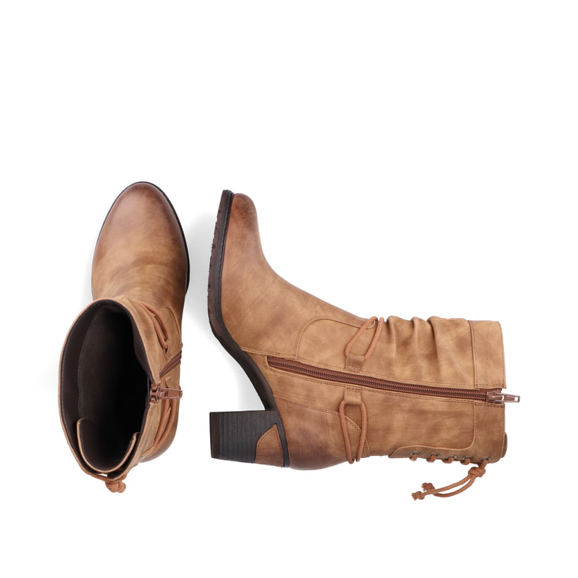 Nussbraune Rieker Damen Stiefeletten 96073-22 mit modischer Kordel. Schuh von oben, liegend.