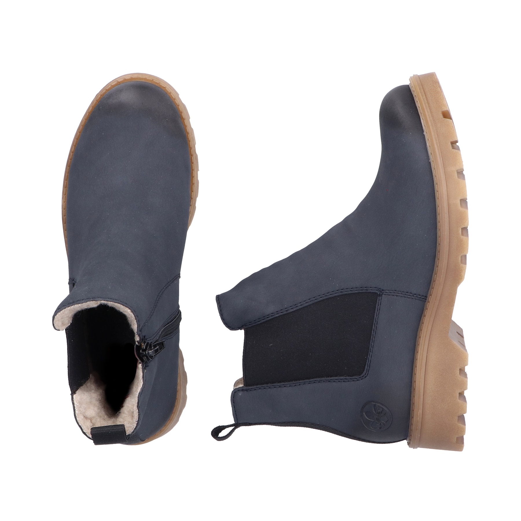 Dunkelblaue Rieker Damen Chelsea Boots 73250-14 mit einem Reißverschluss. Schuh von oben, liegend.