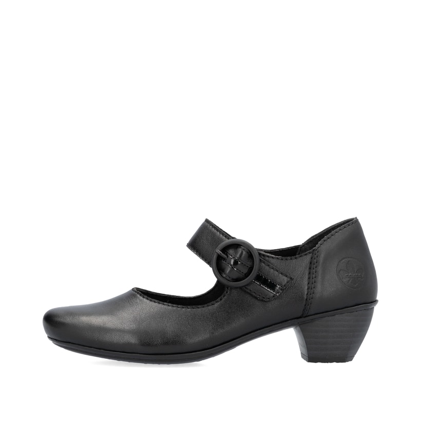Nachtschwarze Rieker Ballerinas 41756-00 mit einem Klettverschluss. Schuh Außenseite.