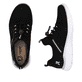 Schwarze Rieker Damen Slipper M5065-00 mit Gummizug sowie ultraleichter Sohle. Schuh von oben, liegend.