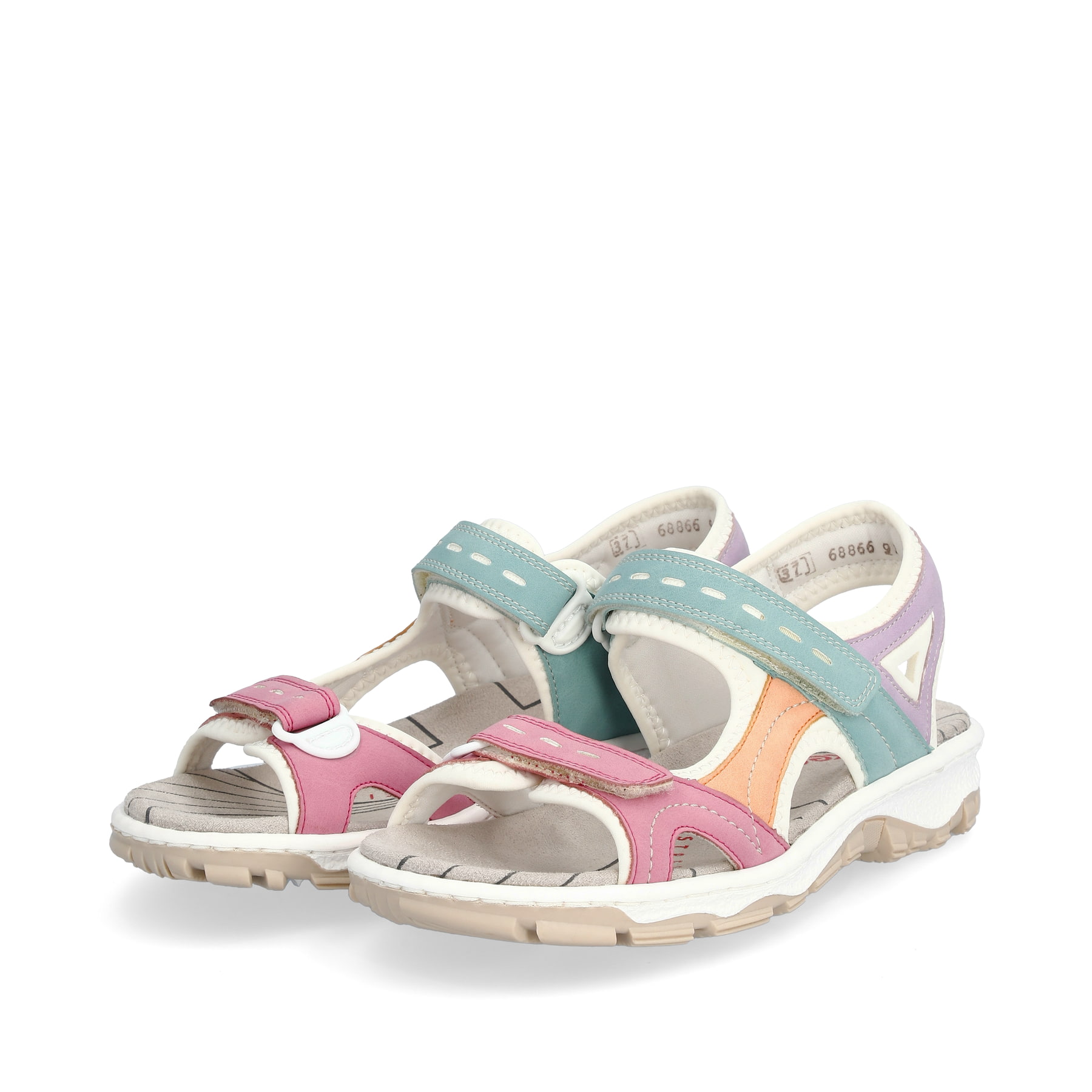Mehrfarbige Rieker Damen Trekkingsandalen 68866-92 mit einem Klettverschluss. Schuhpaar seitlich schräg.