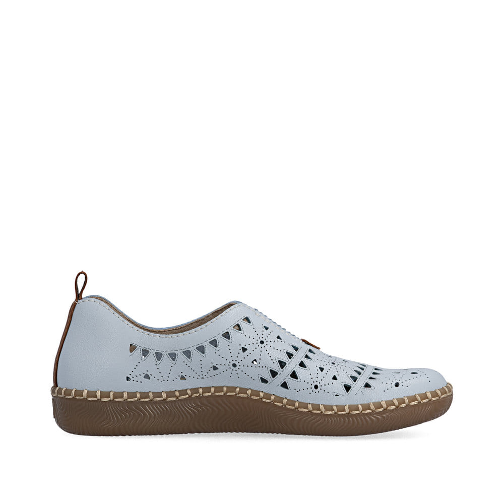 Blaue Rieker Damen Slipper N2452-10 mit eleganten Zierlochungen sowie Gummizug. Schuh Innenseite.