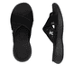 Schwarze vegane Rieker Damen Pantoletten V2105-00 mit einer ultraleichten Sohle. Schuh von oben, liegend.