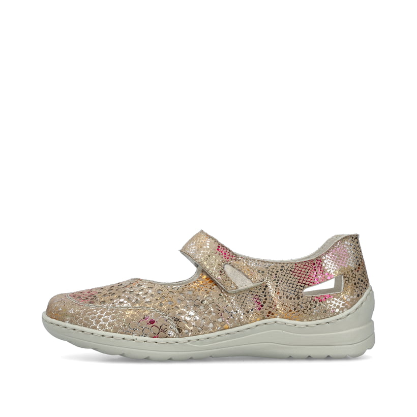 Mehrfarbige Rieker Ballerinas 48996-90 mit modernen Ziernähten. Schuh Außenseite.