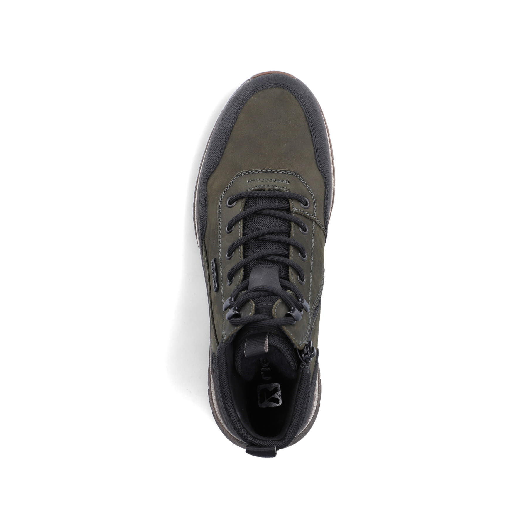 Dunkelgrün-schwarze Rieker Herren Schnürstiefel B9310-54 aus Rauleder. Schuh von oben.