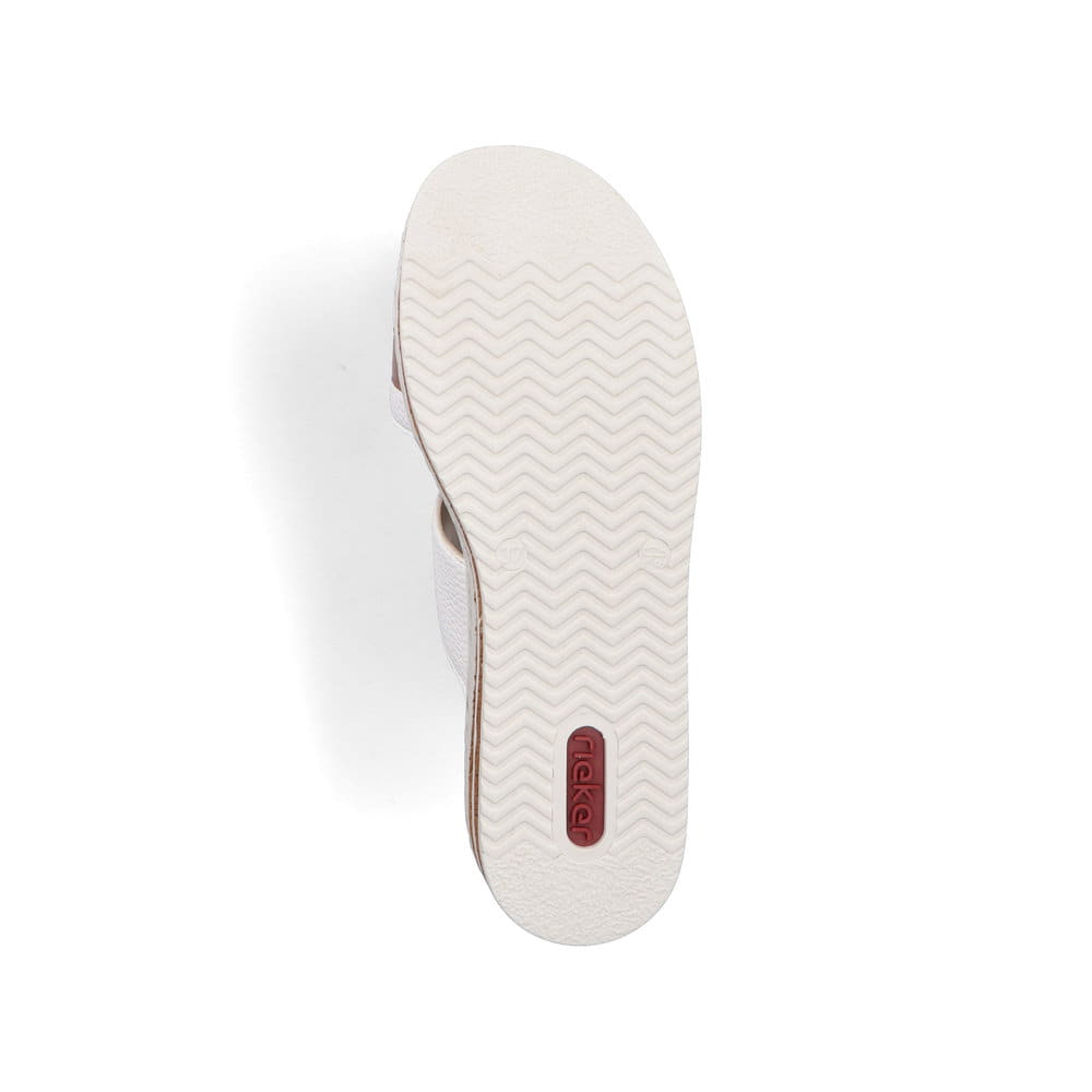 Weiße Rieker Damen Pantoletten 62993-80 mit modischen Flechtelementen. Schuh Laufsohle.