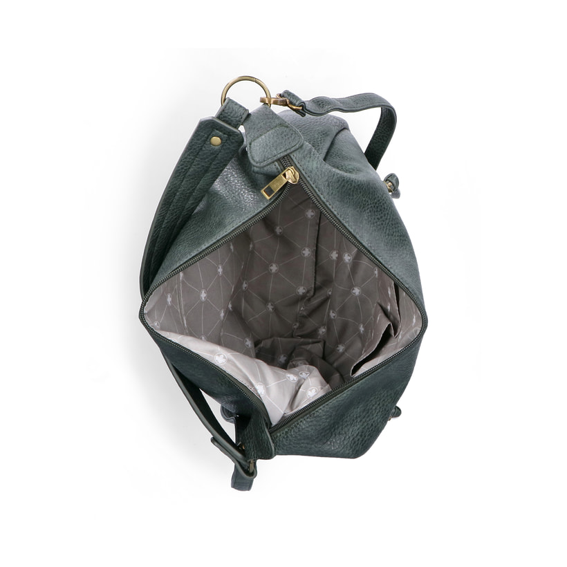 Sac bandoulière Rieker H1016-54 en vert avec fermeture éclair ainsi que poches extérieures et intérieures. Ouvert.