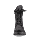 
Tiefschwarze Rieker Damen Biker Boots 78523-01 mit einer robusten Profilsohle. Schuh von vorne.