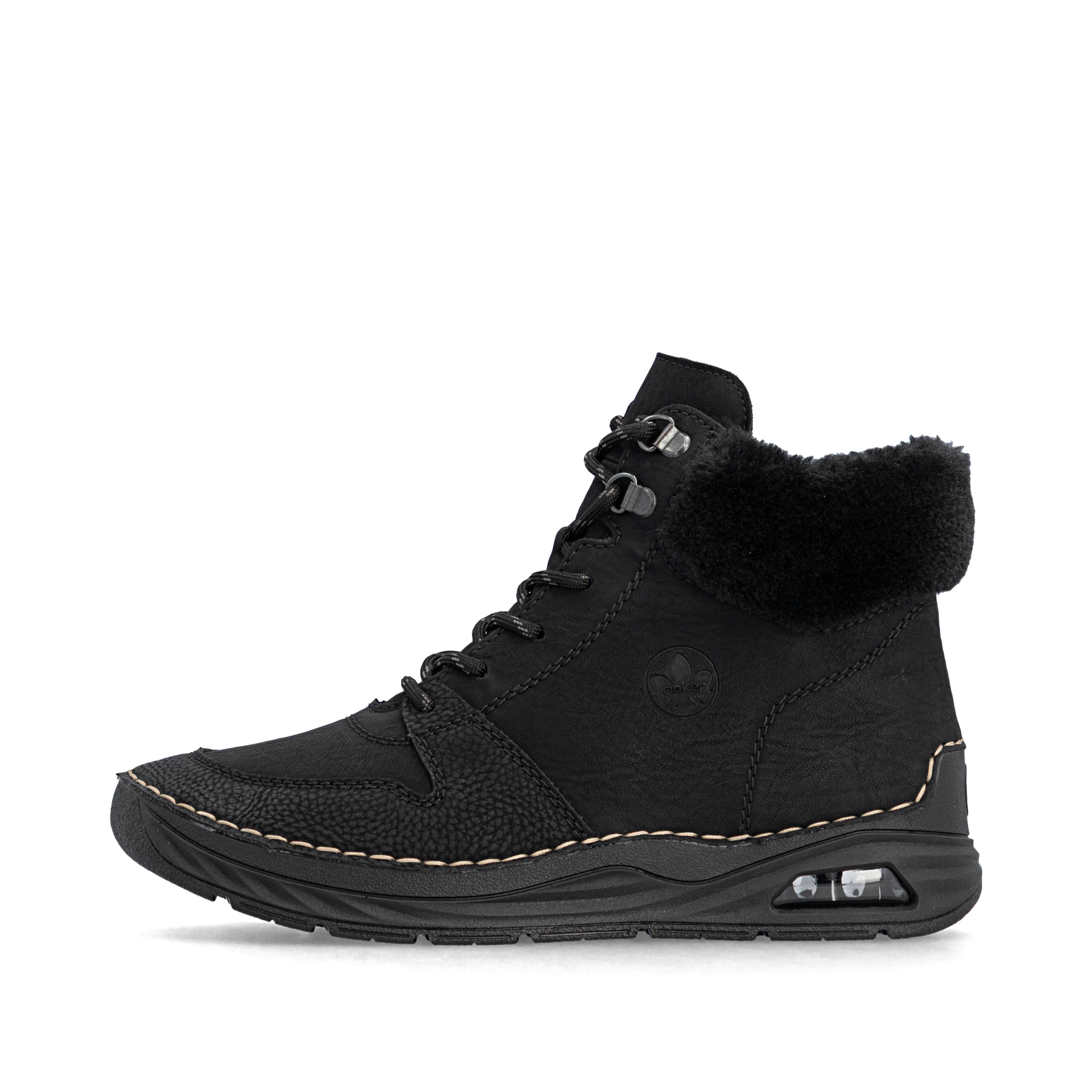 Schwarze Rieker Damen Schnürstiefel 44555-00 mit Rieker Air Sohlenfenster. Schuh Außenseite.