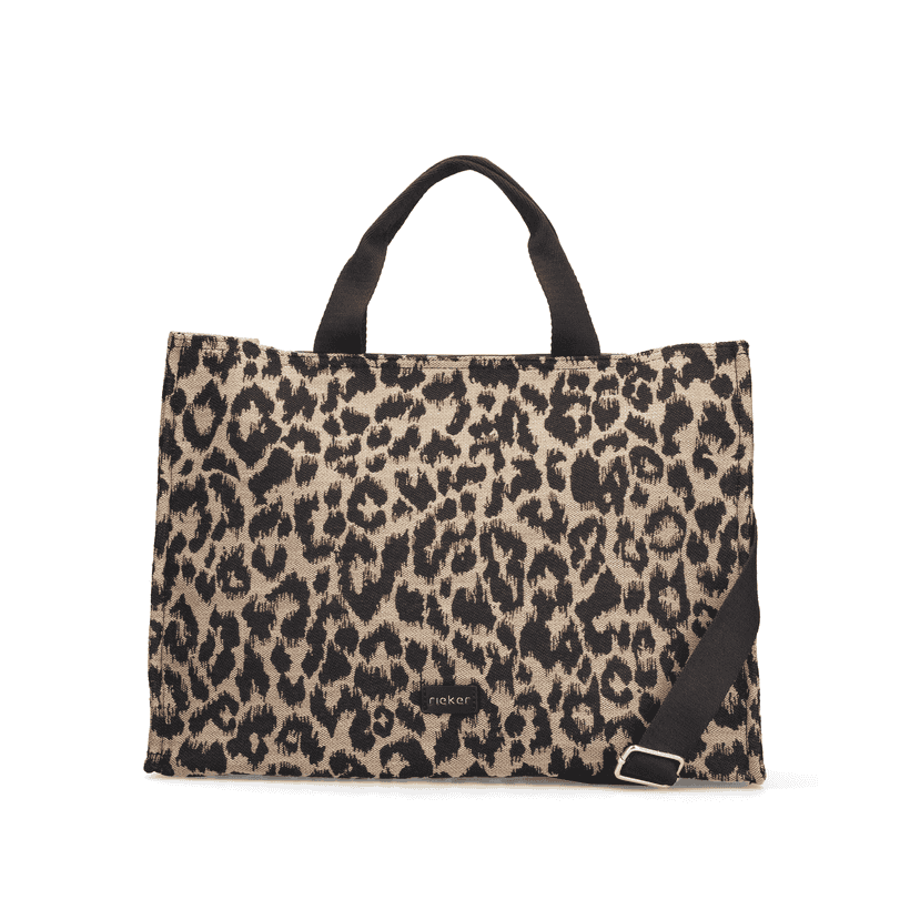Sac à main Rieker H1070-90 en imprimé animalier avec fermeture éclair et sangle d’épaule amovible et ajustable. Devant.