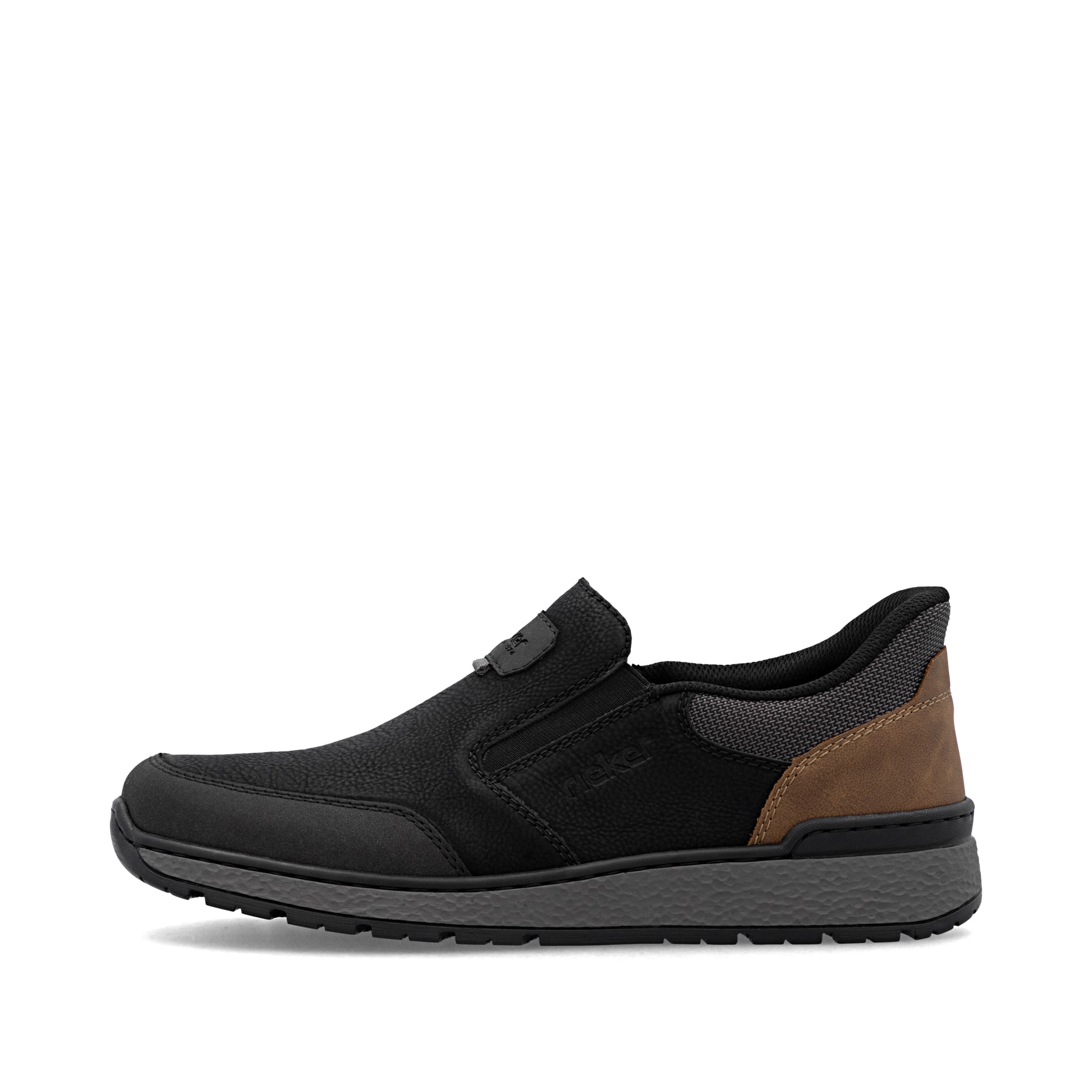Mocassins Rieker noirs pour homme B9057-00 avec bande élastique. Côté extérieur de la chaussure.