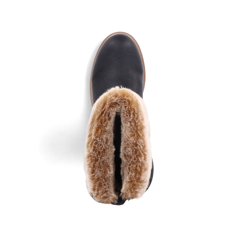 Schwarze Rieker Damen Kurzstiefel Z5054-00 mit Fellkragen sowie Reißverschluss. Schuh Laufsohle.