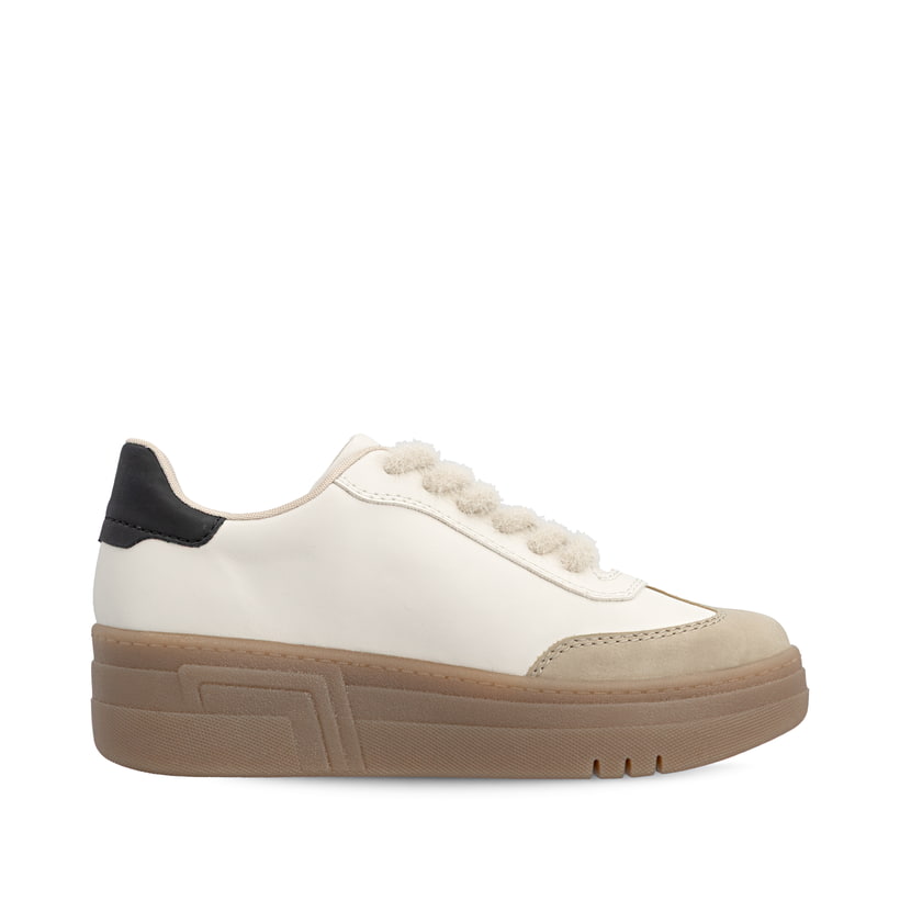 Cremefarbene Rieker Damen Sneaker Low M7610-60 mit einer Schnürung. Schuh Innenseite.