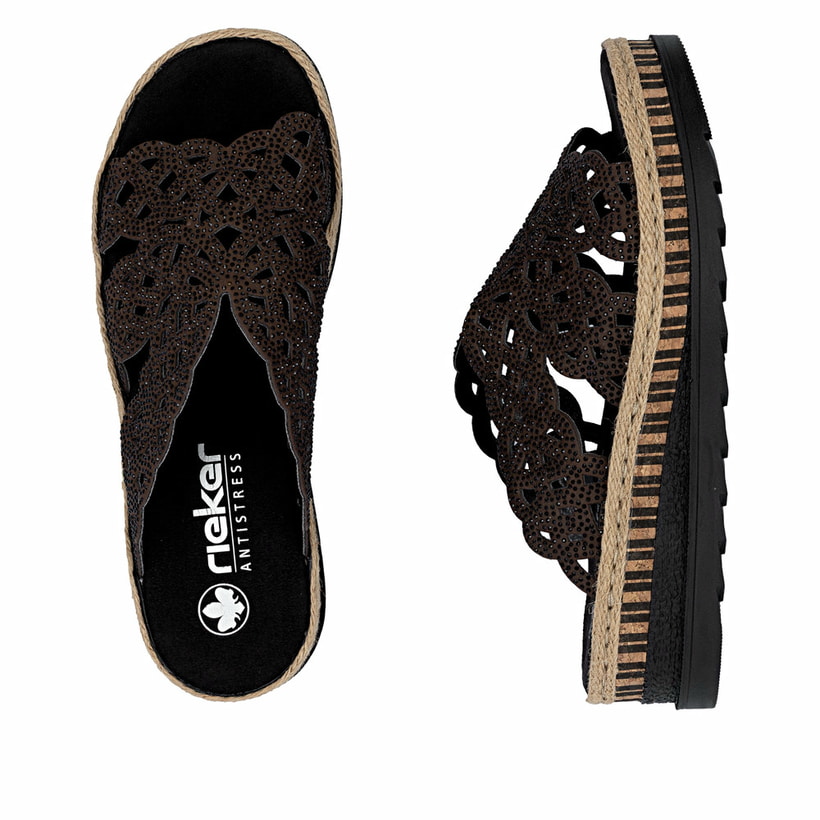 Dunkelbraune Rieker Damen Pantoletten V7992-24 mit Strasssteinen. Schuh von oben, liegend.