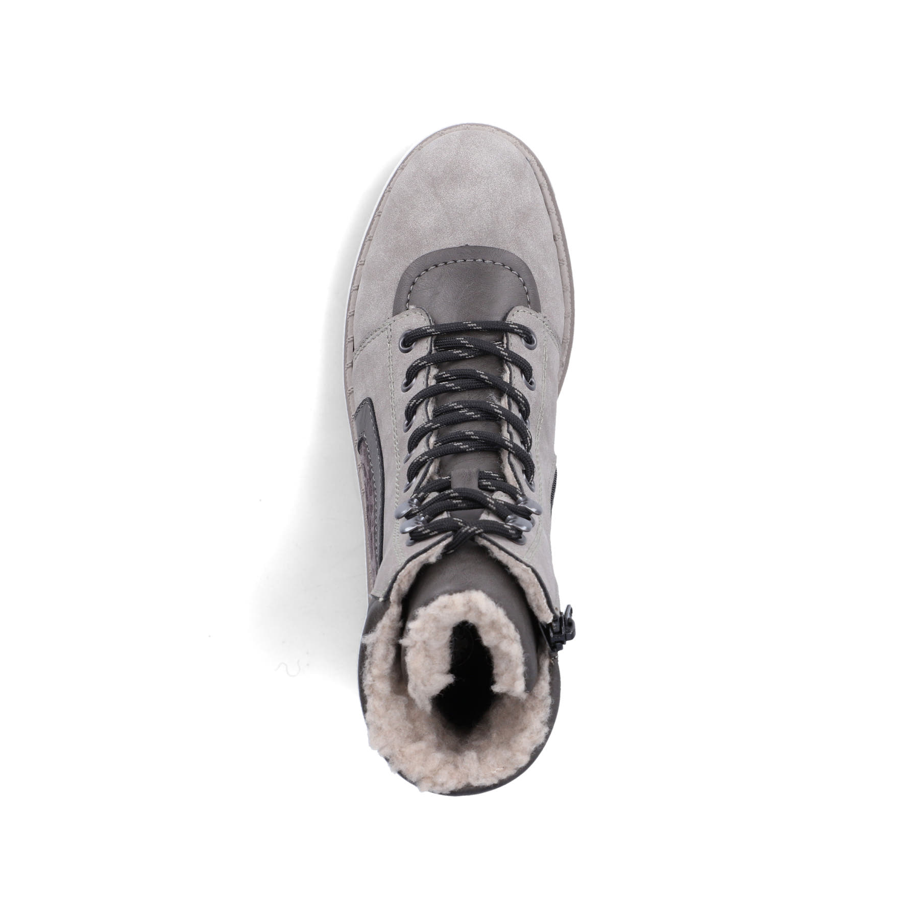Graue Rieker Damen Schnürstiefel Z8904-40 mit einem Reißverschluss. Schuh von oben.