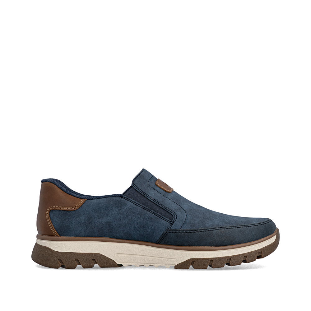 Blaue Rieker Herren Slipper B9350-15 mit einem Gummizug sowie der Extraweite H. Schuh Innenseite.