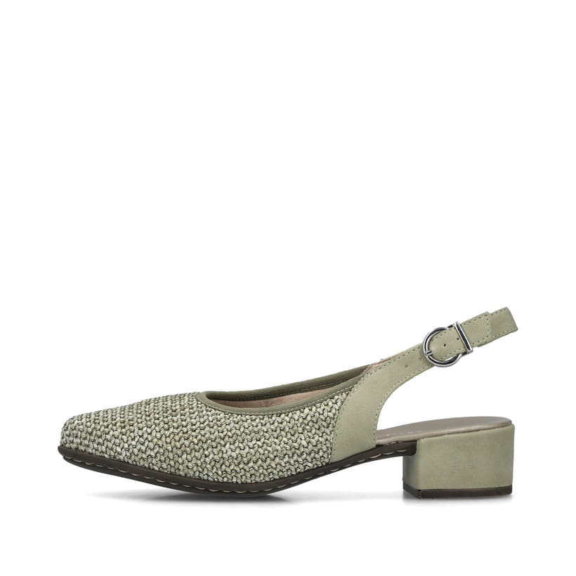 Grüne Rieker Slingpumps 47060-52 mit Schnalle sowie schockabsorbierender Sohle. Schuh Außenseite.
