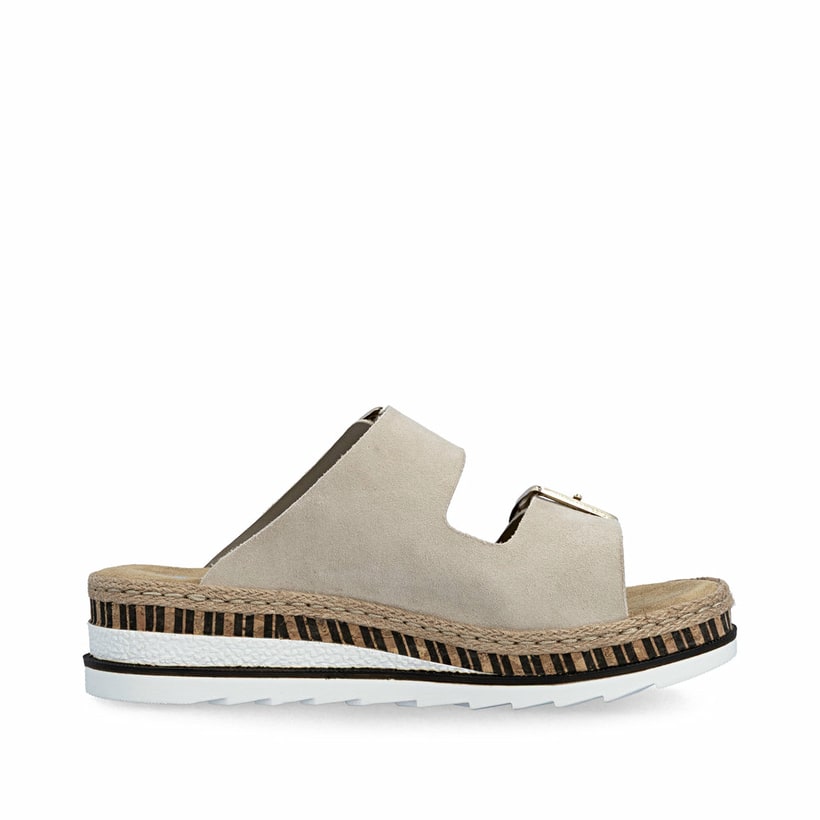 Beige Rieker Damen Pantoletten V7955-60 aus Rauleder mit trendiger Schnalle. Schuh Innenseite.