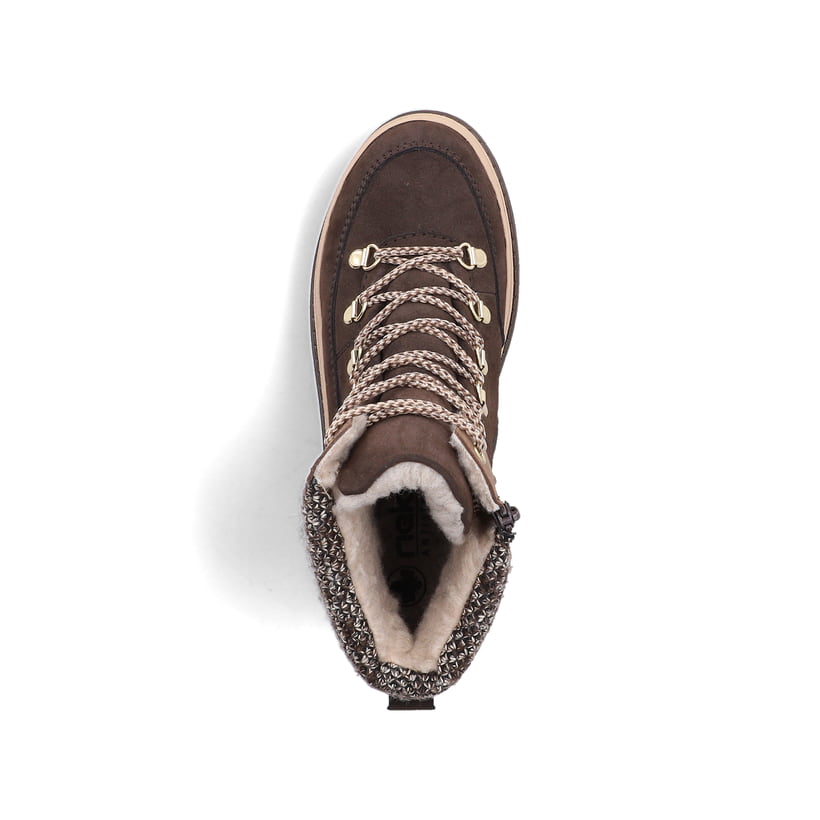 Dunkelbraun-beige Rieker Damen Schnürstiefel Y6210-25 mit Strick-Kragen. Schuh von oben.