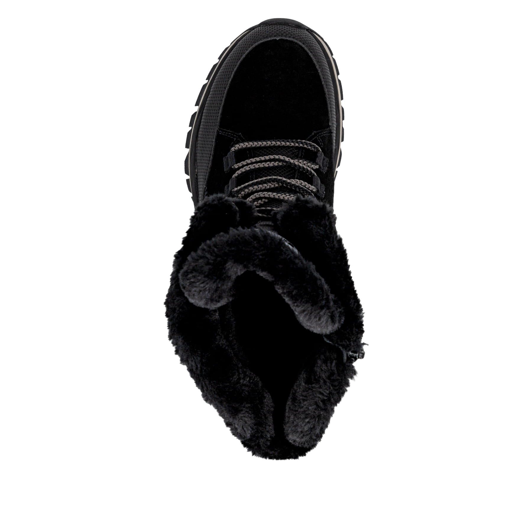 Schwarze Rieker Damen Schnürstiefel W3972-00 mit griffiger Fiber-Grip Sohle. Schuh von oben.