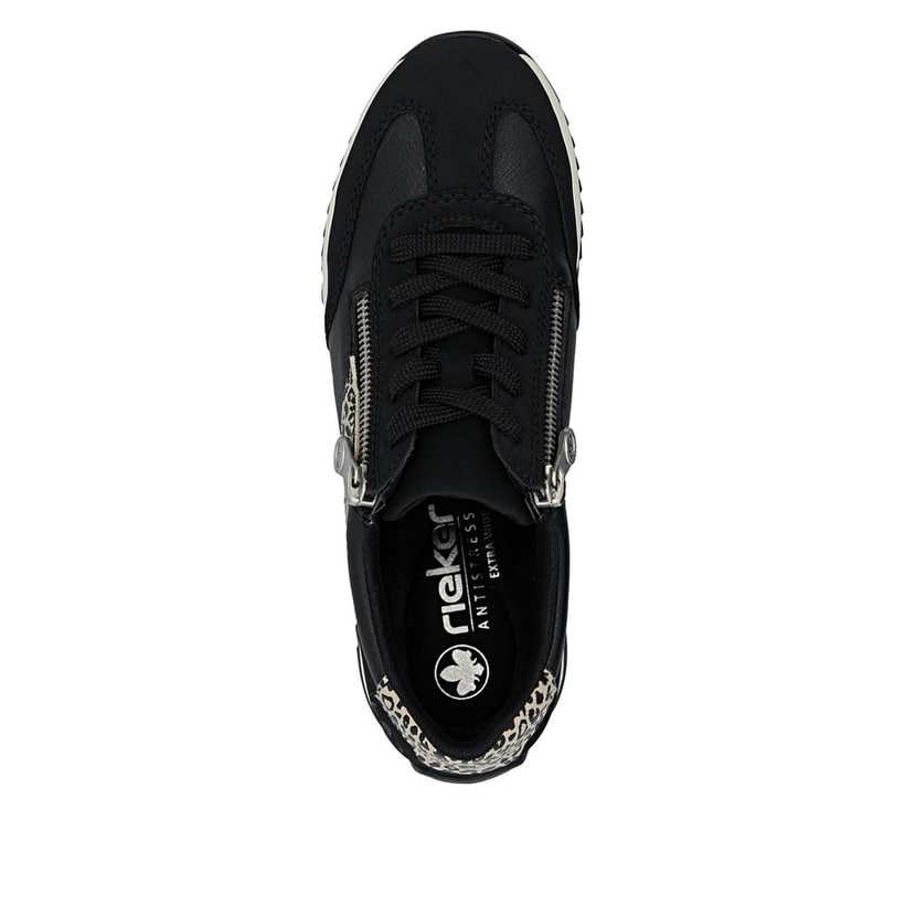 Schwarze Rieker Damen Schnürschuhe N1210-00 mit einem Reißverschluss. Schuh von oben.